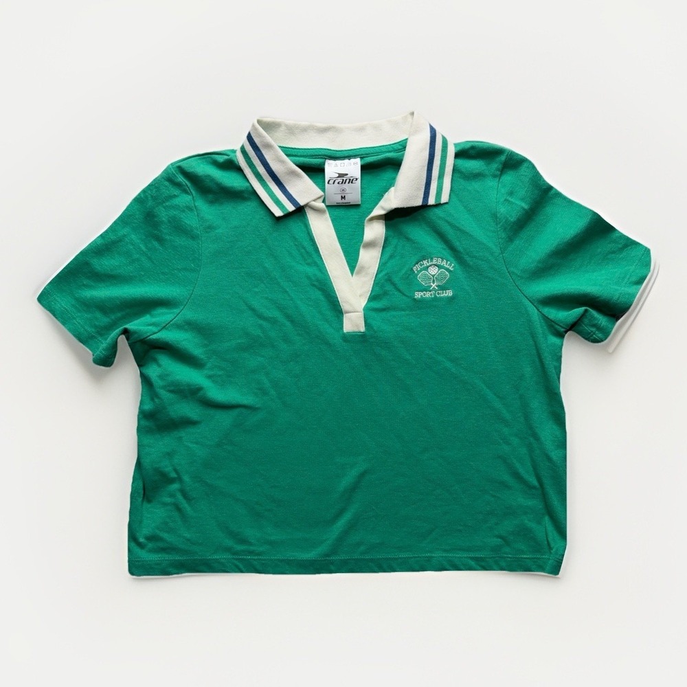 Crane Green Pickleball Sports Club Cropped Knit Polo Green Shirt Size M Preppy